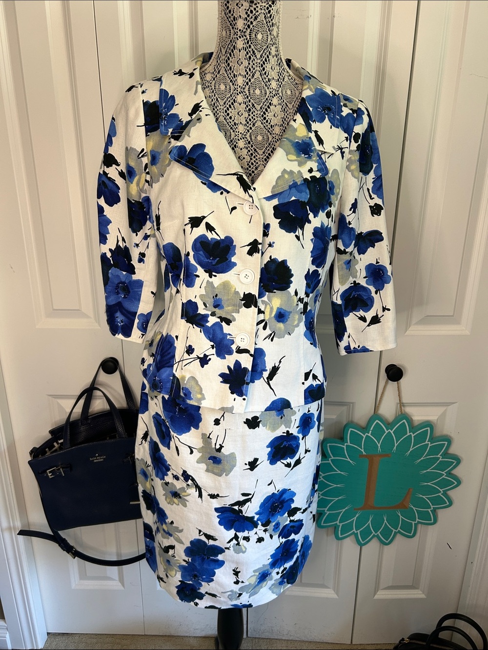 Stunning Rickie Freeman for Teri Jon Luxury 100% Linen Floral Skirt Suit Size 10